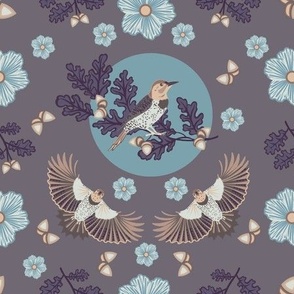 Cottagecore Country Birds, Oak Leaves, Acorns, and Daisies -  Slate Gray, Plum and Dusty Blue Colorway