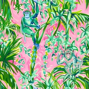 Preppy cheeky monkeys in the jungle in pink and green
