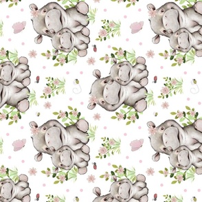 Pink Floral Safari Animals Hippo and Baby Girl Nursery Butterfly Ladybugs Greenery Rotated 