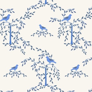 Birds of the Grove, Blue and Cream, 12in x 16in repeat scale 
