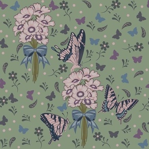 Cottagecore Butterflies and Daisy Bouquets - Muted Olive Green Colorway