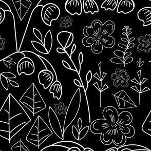 Pretty Hand Drawn Flowers - White On Black.