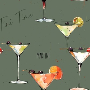 L - Martini Cocktail - Tini Time - neutral  deep Olive Green Background