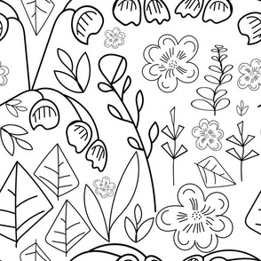 Pretty Hand Drawn Flowers - Black On White.