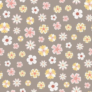 pastel flowers fantasy floral tossed garden botanical coordinate in warm taupe stone grey gray kids childrens clothing and bedding
