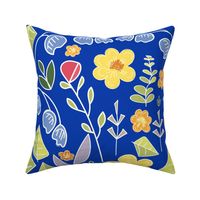 Pretty Hand Drawn Flowers - Bright And Colourful On Blue.