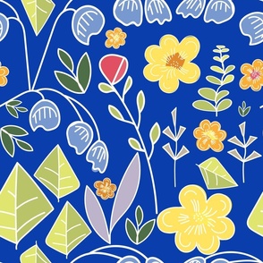 Pretty Hand Drawn Flowers - Bright And Colourful On Blue.