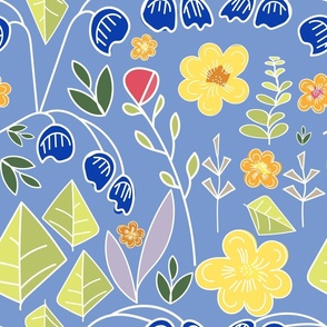 Pretty Hand Drawn Flowers - Bright And Colourful On Light Blue.