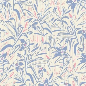 LARGE: Pink baby blue  Botanical Dense Modern bold florals on white