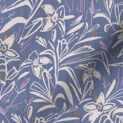 LARGE: Pink white  Botanical Dense Modern bold florals on blue lavender