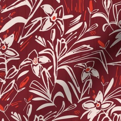LARGE: Red white  Botanical Dense Modern bold florals on maroon