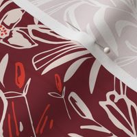LARGE: Red white  Botanical Dense Modern bold florals on maroon