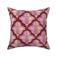 LARGE: Foliage Elegance: Stylized Pink Ivory-Dotted Leaves on Maroon