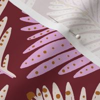 LARGE: Foliage Elegance: Stylized Pink Ivory-Dotted Leaves on Maroon