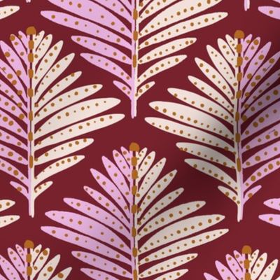 LARGE: Foliage Elegance: Stylized Pink Ivory-Dotted Leaves on Maroon