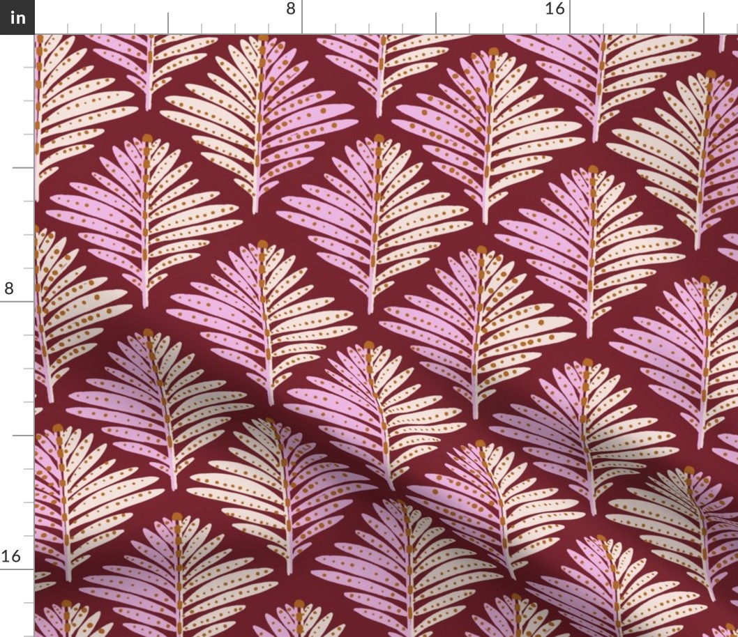 LARGE: Foliage Elegance: Stylized Pink Ivory-Dotted Leaves on Maroon