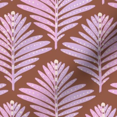 LARGE: Foliage Elegance: Stylized Pink Lavender-Dotted Leaves on red Brown