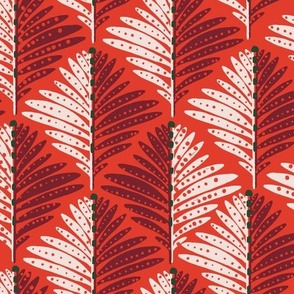LARGE: Foliage Elegance: Stylized Maroon Ivory-Dotted Leaves on ruby red