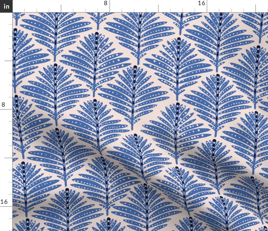 LARGE: Foliage Elegance: Stylized Navy sky blue-Dotted Leaves on Ivory