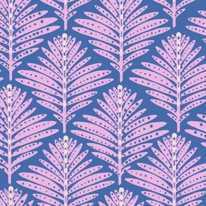 LARGE: Foliage Elegance: Stylized Pink-Dotted Leaves on Navy blue