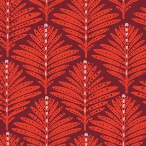 LARGE: Foliage Elegance: Stylized Ruby red-Dotted Leaves on Maroon