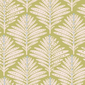 LARGE: Foliage Elegance: Stylized Ivory-Dotted Leaves on light lime green