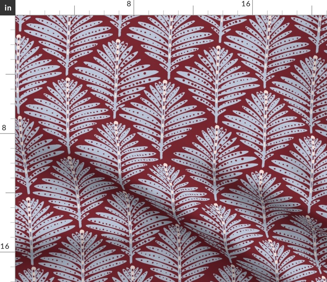 LARGE: Foliage Elegance: Stylized Light Blue -Dotted Leaves on Maroon