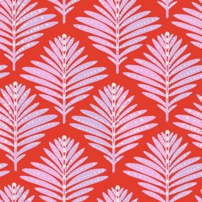 LARGE: Foliage Elegance: Stylized Pink Lavender-Dotted Leaves on strawberry red