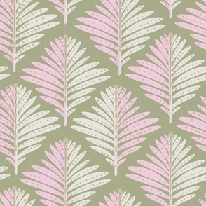 LARGE: Foliage Elegance: Stylized Pink Ivory-Dotted Leaves on moss green