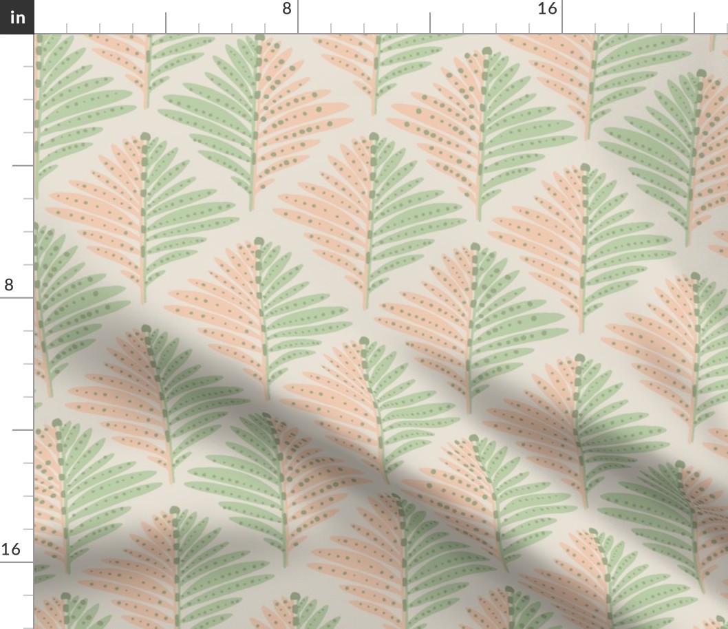 LARGE: Foliage Elegance: Stylized Peach green-Dotted Leaves on Ivory
