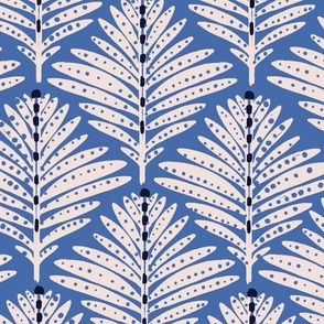 XLARGE: Foliage Elegance: Stylized Ivory-Dotted Leaves on Navy blue