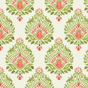 Terracotta and green symmetrical Indian floral Mughal Boteh block print chintz in large scale on green mist