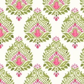 Pink and green symmetrical Indian floral Mughal Boteh block print chintz in large scale on natural white