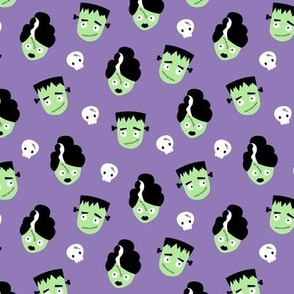 Deathly Halloween - Frankenstein and  the bride cutesy halloween fantasy kids characters green on purple