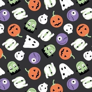Spooky Fright Night friends - Halloween ghosts zombie skulls pumpkins and Frankenstein horror design for kids purple orange green on charcoal gray