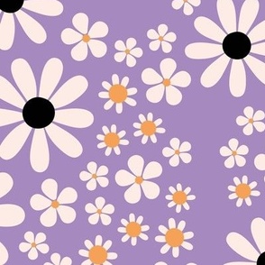 Color Spell - Halloween magic flower blossom groovy seventies floral orange ivory on purple lilac LARGE WALLPAPER