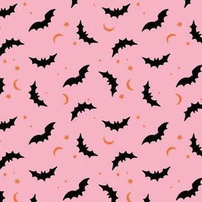 Color Spell - Halloween Night bats stars and moon spooky fright night vintage seventies style kids design orange on pink