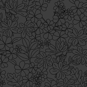 Indian Summer garden - blossom and autumn leaves minimalist boho vintage garden design outline black on charcoal