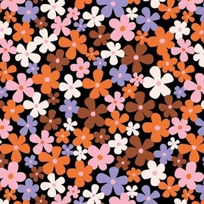 Color Spell - Halloween magic flower blossom groovy seventies floral daisies pink rust lilac orange on black