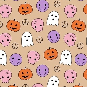 Kawaii spooky friends - ghosts pumpkins smileys and  skulls kids design purple pink orange girls on beige