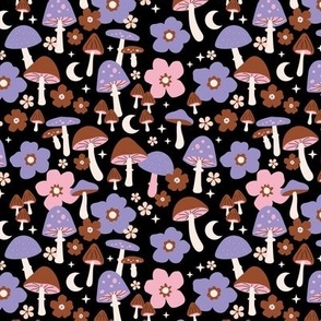 Color Spell - Halloween magic flower moon blossom groovy seventies mushroom garden pink lilac purple on black