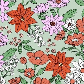 Raw vintage Christmas garden - retro leaves wildflowers lillies and  poinsettia pink red on sage green LARGE wallpaper