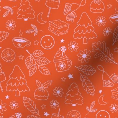 Raw vintage Christmas - retro Christmas snacks and drinks smileys coffee leaves and pudding holidays design pink on tangerine orange