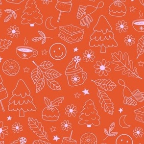 Raw vintage Christmas - retro Christmas snacks and drinks smileys coffee leaves and pudding holidays design pink on tangerine orange