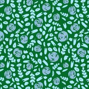 Abstract Roses and Leaves in bold green and blue