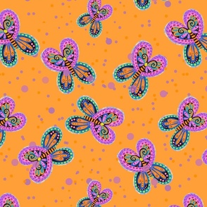 Funky Fushia Wild Butterflies on Orange and polka dot Background.