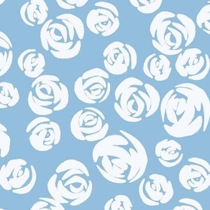 Abstract painterly white roses on pastel blue background 
