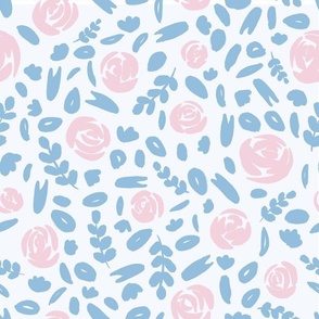 Abstract painterly Roses and leaves blush and baby blue on white background