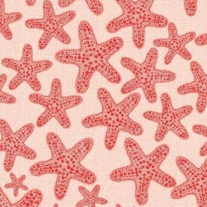 12” handdrawn starfish coastal margins pinks on pale coral orange faux woven burlap texture overlay