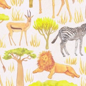 African Safari Animals Savannah Scene Textured Print in Off White